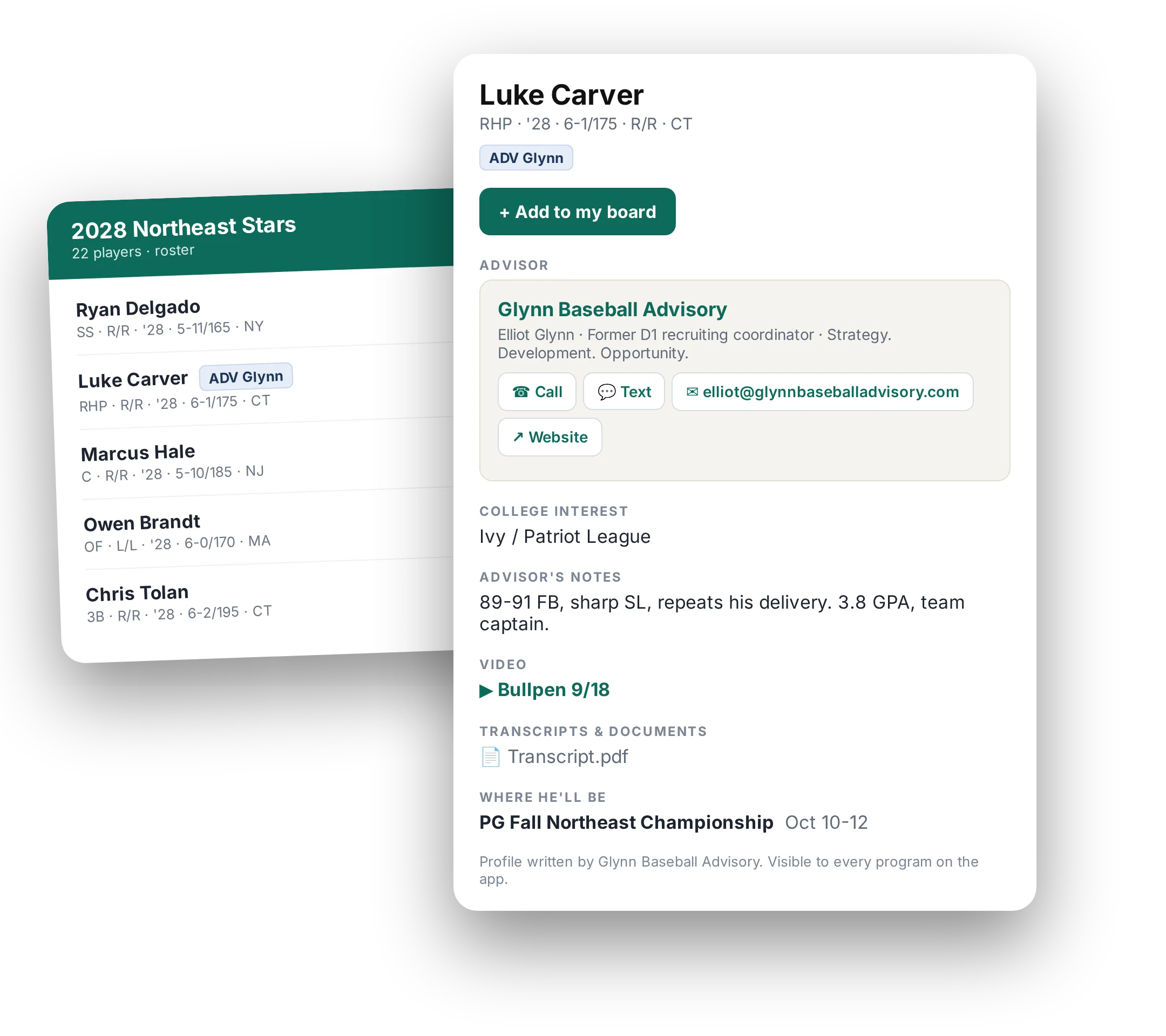 Sample player profile on the Recruiting Coordinator app, showing the ADV Glynn tag, advisor contact, notes, video and upcoming events