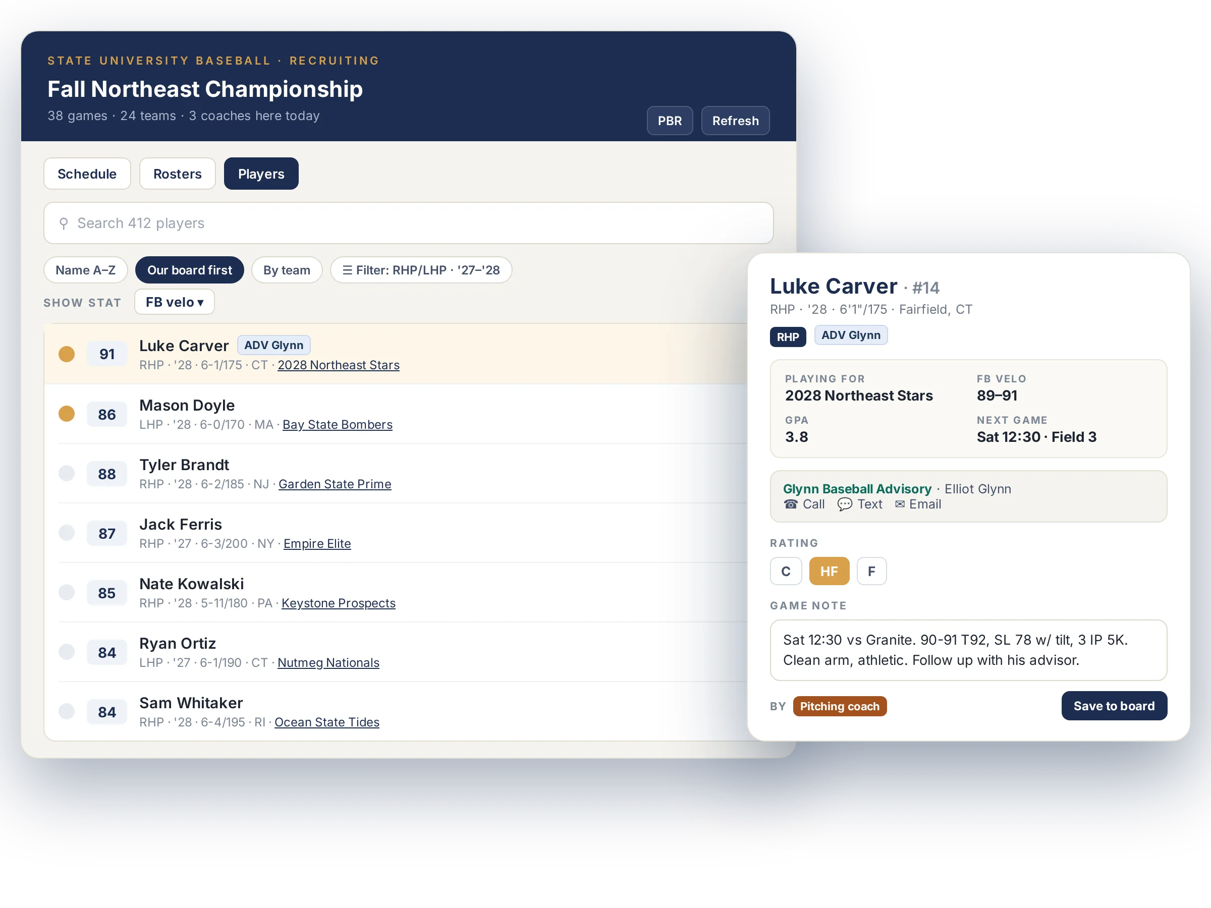 Sample event screen on the Recruiting Coordinator app: a college staff's player list sorted by their board and fastball velo, with a player card showing a coach's rating and game note